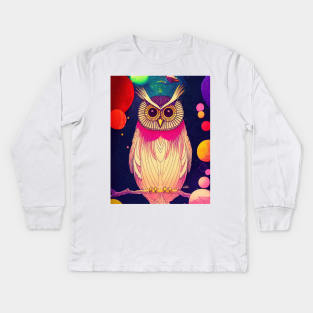 Colorful Owl Portrait Illustration - Bright Vibrant Colors Bohemian Style Feathers Psychedelic Bird Animal Rainbow Colored Art Kids Long Sleeve T-Shirt